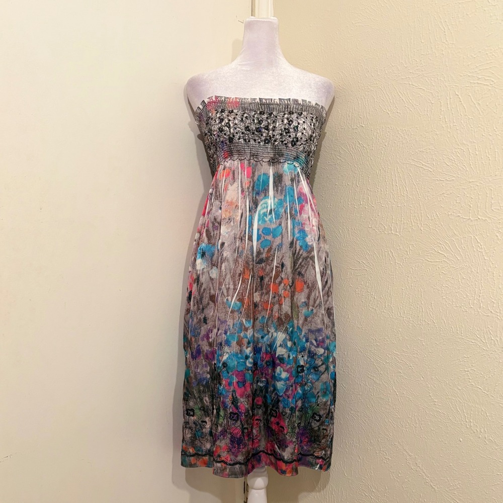 Strapless Floral Gray Silver Rainbow Strapless Mini Dress Sequin Embroidered